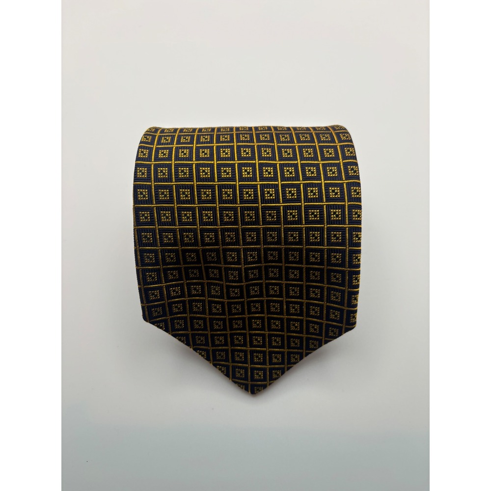 Tie Rack Mens Silk Tie Navy Blue Gold Geometric Grid Made in Italy Necktie